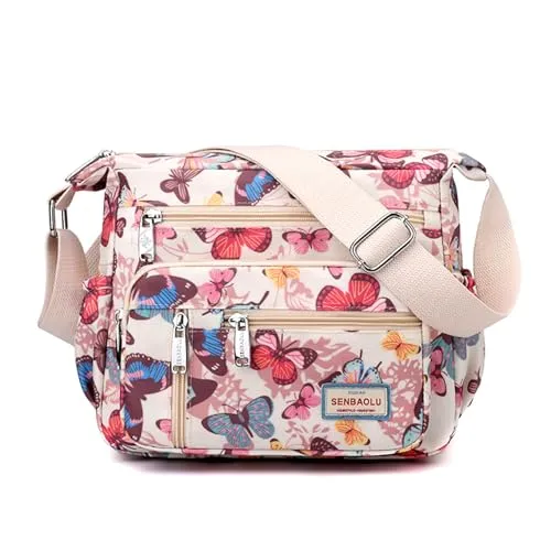 Wafybsre Umhängetasche für Damen, Nylon, mit mehreren Taschen, wasserdichte Schultertasche, Blumen-Messenger-Tasche, Geldbörsen und Handtaschen, Schmetterling, Medium, Casual