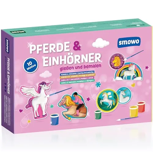 Smowo® Pferde und Einhörner selber gießen und anmalen - Mädchen Bastelset zum Gips giessen mit 10 Figuren für Kinder - Geschenk zum Basteln