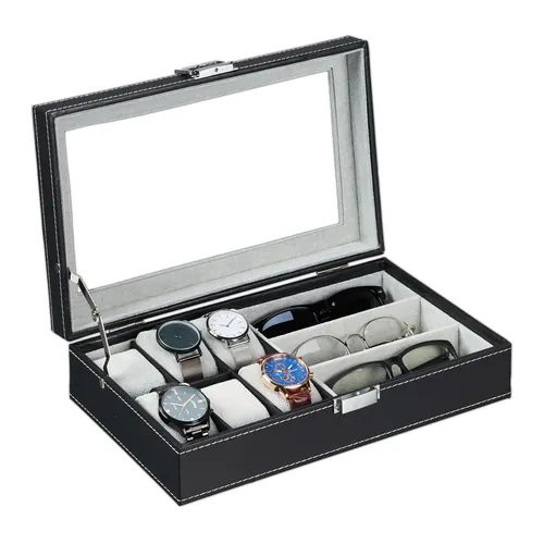 relaxdays Schmuckkasten in Lederoptik, Schwarz - Eleganter Schmuckkasten mit Sichtfenster und 6 Uhrenkissen für die sichere Aufbewahrung von Uhren und Schmuck. Ideal für eine geordnete und staubgeschützte Aufbewahrung auf Deinem Tisch.
