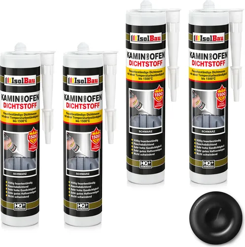 Isolbau Kamin & Ofen Dichtstoff - 4 x 300 ml, Feuerbeständige Dichtmasse bis 1500 °C - Für Reparatur & Füllung von Rissen in Kaminen & Öfen - Schwarz