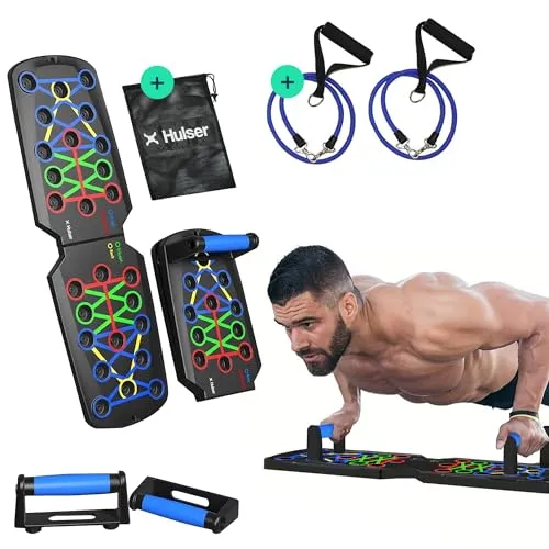 Hulser Liegestütze Brett mit 2 Widerstandsbändern - 14 in 1 - Faltbares Liegestütz-Brett - Push-up board für Krafttraining - Liegestütz-Griffe für Effektive Liegestützen