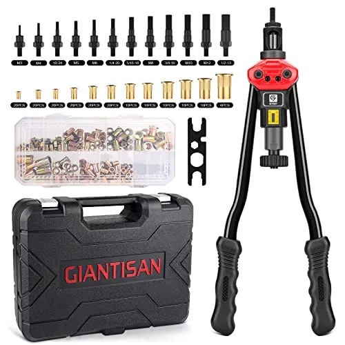 GIANTISAN Nietmuttern-Werkzeug, 40,6 cm Nietmutter-Werkzeug-Set mit 12 metrischen und SAE-Dornen, 176-teiliges Nietmutter-Sortimentskit und robuster Tragetasche