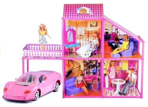 Gefaltete große Villa für Puppen 76 cm + rosa Auto + Zubehör