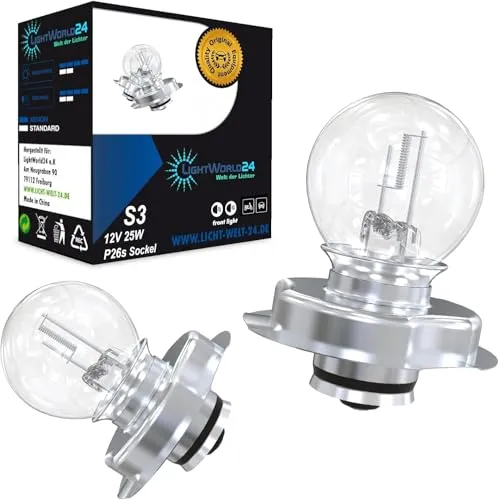 LIGHTWORLD24 S3 P26s 12V 25W Roller Moped Motoroller Scooter Motorrad Superhelle Scheinwerfer Lampe Frontscheinwerfer Glühbirnen 2er SET