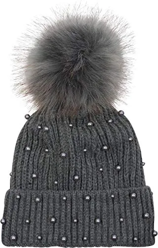 styleBREAKER Damen Strick Bommelmütze mit Perlen und Fleece Futter, warme Winter Fellbommel Mütze, Fake Fur 04024155, Farbe:Grau