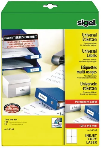 Sigel Etiketten Etiketten Inkjet/Laser Kopier 105x148mm VE=100 Stück (25 Blatt) weiß