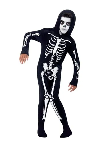 Smiffys Kostüm Skelett für Kinder, Schwarz - Kostüm für Kinder (10-12 Jahre) mit Kapuzenoverall, sicher nach EN71 getestet, perfekt für Halloween oder Karneval, von einem führenden Kostümlieferanten.