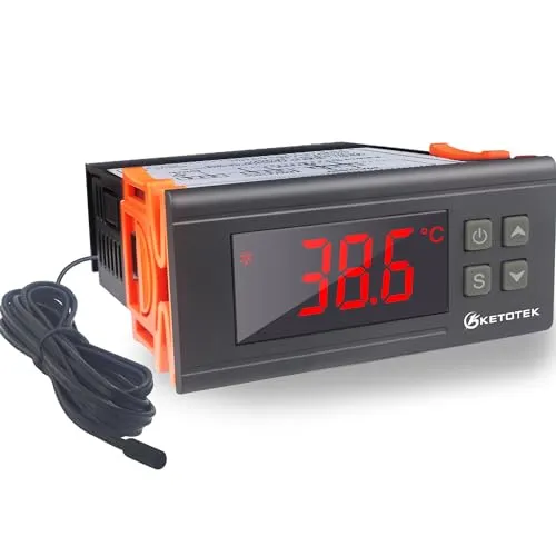 KETOTEK Temperaturregler 230V mit Fühler KT1000, Digitale Thermostat 220V mit 2m Wasserdichter Sensor Sonde, Doppel Relais Temperaturwächter für Heizen Kühlen Aquarium Inkubator Terrarium