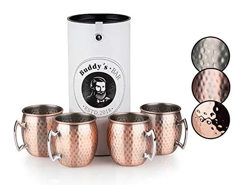 Buddy´s Bar Moscow Mule Becher Set, 500 ml aus hochwertigem Edelstahl - Cocktailgläser Set mit 4 Hammered Bechern in antikem Kupfer-Design, lebensmittelecht und ideal für die perfekte Cocktail-Präsentation.