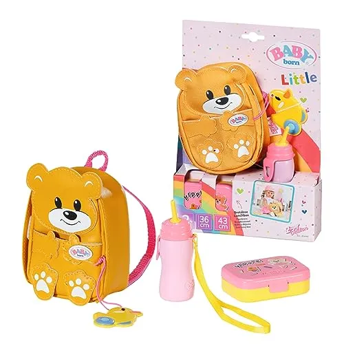 Baby Born Puppen Rucksack Kindergarten Rucksack Set - Puppenrucksack in Bärenform mit Brotdose und Trinkflasche, ideal für kleine Kindergarten-Abenteuer und kreatives Spielen.