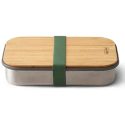 Stainless Steel Sandwich Box 900 ml - Edelstahl-Proviantdose olive - Outdoor Geschirr mit antibakteriellem Bambusdeckel, der auch als Schneidebrett dient. Ideal für Snacks unterwegs und mit elastischem Gummiband für sicheren Verschluss.