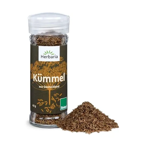 Herbaria Kümmel bio 40g Streuer – Bio Kümmel ganze Samen in Bioland-Qualität – Bio-Gewürz für Kraut, Eintöpfe und als Brotgewürz – Premium Bio-Qualität - im praktischen Glas-Gewürzstreuer