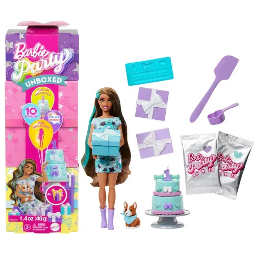 Barbie Party Unboxed Puppe und Accessoires - Puppen für kreative Partys, 10 Überraschungen inklusive Farbwechseleffekt und Kuchendekoration für lebendigen Spielspaß!