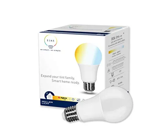 Müller Licht LED Lampe A60 tint Bulb 9W E27 806lm - Energiesparlampe mit variablen Weißtönen von warmweiß bis tageslichtweiß, steuerbar über Fernbedienung oder Sprachsteuerung via Amazon Alexa, ideal für individuelles Stimmungslicht.