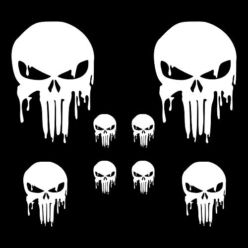 AUTODOMY Schädel Skull Geschmolzen Aufkleber Paket 8 Stück | Punisher Aufkleber für Auto oder Motorrad (Weiß)