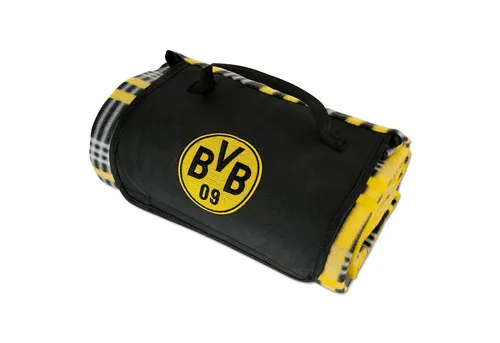 BVB Picknickdecke 130 x 150 cm - Kopfkissen und Picknickdecke in einem, ideal für Fans! Praktisch und kompakt für unterwegs, zeigt das Design das BVB-Logo und sorgt für ein echtes Stadiongefühl im Freien.