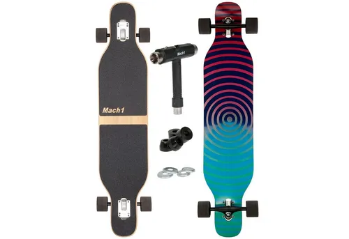 Mach1 Longboard aus Bambus mit Keramik Kugellager - Camber Drop Through Cruiser Board - Longboard mit Keramik Kugellagern für einen leisen und schnellen Lauf, inklusive T-Tool und 4er Set 85A Bushings für optimales Lenkverhalten. Ideal für entspannte Fahrten und höhere Geschwindigkeiten.