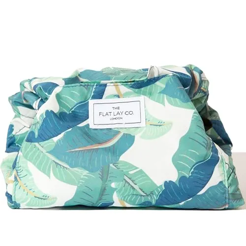 The Flat Lay Co Make Up Tasche Organizer mit Kordelzug - Reise Kosmetiktasche Damen mit Pinselhalter & Reißverschlusstasche - Tropische Blätter