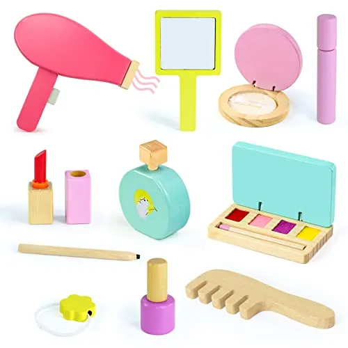 Holzschminke Spielset Kinderschminke Mit Friseur Set, Schminkkoffer Mädchen Holz Schminkset für Kinder 2-6 Jahre