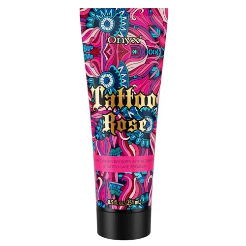Onyx Tattoo Rose Bräunungslotion mit Bronzer für tätowierte Haut 251 ml | Tattoo-Pflege, Bräunungscreme fürs Solarium, Satter Bronze-Ton, Ohne Streifen, Feuchtigkeitsspendend, Schnell einziehend