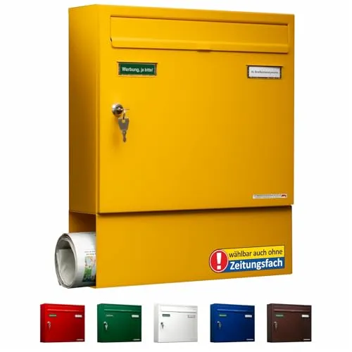 AL Briefkastensysteme Briefkasten mit Zeitungsfach Basic 1er gelb RAL 1003 - Wandbriefkasten DIN A4 mit Zeitungsfach, wetterfest und ausgestattet mit 2 Namensschildern, ideal für Einfamilienhäuser.