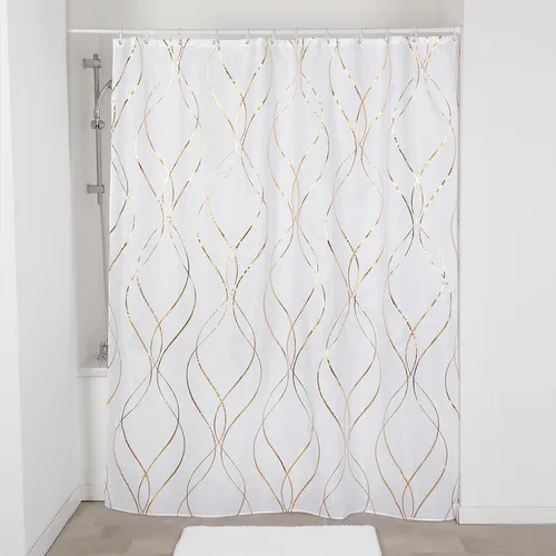 Duschvorhang mit goldenen Linien 180x200 cm – stilvoller Badewannenvorhang - Eleganter Duschvorhang mit goldenen Linien, inkl. verstärkten Ösen und beschwertem Saum. Maschinenwaschbar und pflegeleicht. Ideal für ein modernes Badezimmer-Design.