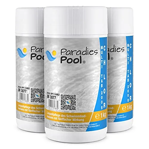 Paradies Pool Multi Tabs 200 g - 4 in 1 Wasserpflege - Chlor: Multifunktionale 4 in 1 Tabletten zur Wasserbehandlung, bieten Desinfektion, Algen- und Trübungsprävention sowie pH-Stabilisation in einem Produkt.
