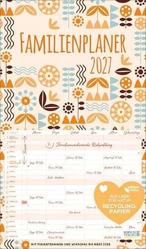 Produktbild Familienplaner Recyclingpapier 2027: Nachhaltiger Familienkalender mit 6 breiten Spalten. Mit Ferienterminen, extra Spalte. 27 x 46 cm