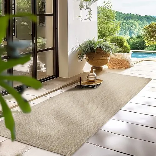 HomebyHome Outdoor-Teppich Flachgewebe Wetterfest Einfarbig Beige Küchenteppich, Balkon Terrassen Garten Wohnzimmer Teppich 60 x 100 cm