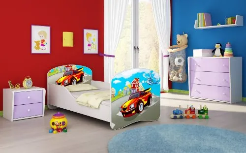 Kinderbett Jugendbett Komplett mit einer Schublade und Matratze Lattenrost Weiß ACMA I (160x80 cm, 03 Racing Car)
