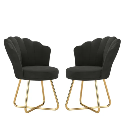 Hawthyhome 2er Set Blütenblatt-Rückenlehne Lehnstuhl mit Metallbeinen in Gold - Elegante Polstersessel aus schwarzem Samt mit hoher Rückenlehne und gepolsterten Armlehnen. Ideal für Esszimmer oder Schminktisch, vereinen sie stilvolles Design und hohen Komfort.
