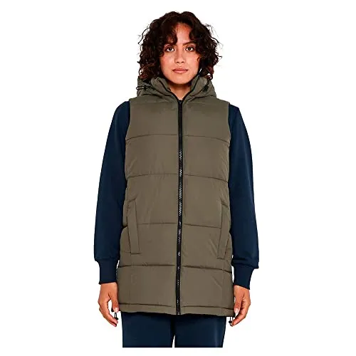 Noisy May Damen Lange Puffer Weste | Wattierte Stepp Übergangsjacke ohne Ärmel | mit Kapuze & Zip NMAURORA, Farben:Olive, Größe:40
