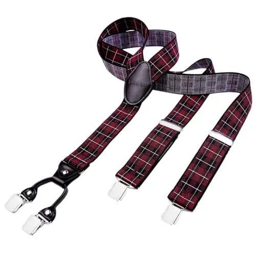 DonDon Hosenträger Herren extra stark mit Karos 3,5 cm Hosenträger Herren breit mit brauem Leder in Y-Form lang - Starke Clips passend für Anzug Jeans Chinos Vintage Rockabilly Suspenders