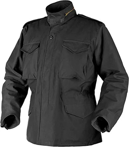 Helikon-Tex M65 Feldjacke - NyCo Satin - Schwarz - Funktionsjacke im US-Armee-Stil, ideal für Outdoor-Aktivitäten. Mit faltbarer Kapuze und vier praktischen Fronttaschen, perfekt für kaltes Wetter.