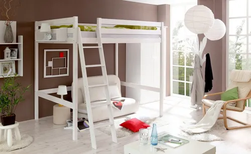 Hochbett TICAA, weiß (kiefer massiv) - Hochbett aus massivem Kiefernholz, ideal für Kinderzimmer. Mit Rollrost, Rundum-Absturzschutz und beidseitig montierbarer Leiter für maximale Sicherheit und Komfort.