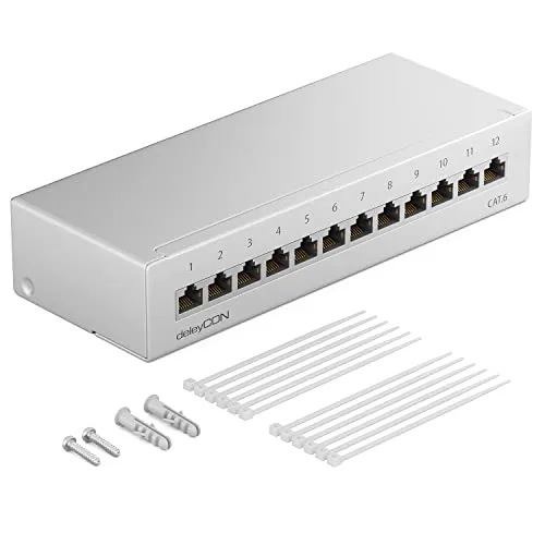 deleyCON CAT 6 Patchpanel Verteilerfeld 12 Port 1 HE Desktop & Wandmontage Geschirmt 12x RJ45 Buchse LAN Netzwerk Verlegekabel TIA568A TIA568B RAL 7035 Lichtgrau