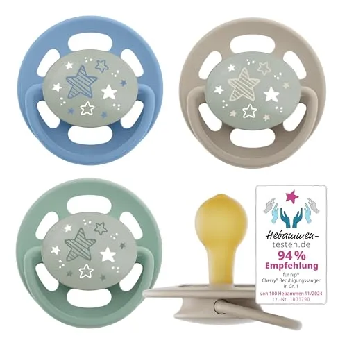 nip - Cherry Green Night | 0-6 Monate | 4er Pack | Stillfreundlicher, zahnfreundlicher Babyschnuller mit Leuchtknopf. Nachhaltiger Schnuller aus natürlichen Rohstoffen, Blau/Grün