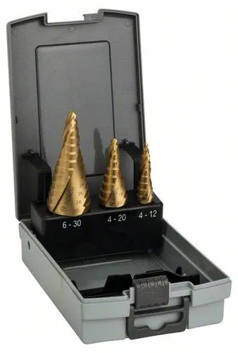Bosch HSS-TiN Stufenbohrer-Set 6 - 30 mm, 3-teilig - Metallbohrer für präzise Bohrungen, mit TiN-Beschichtung für erhöhte Langlebigkeit und bessere Leistung.