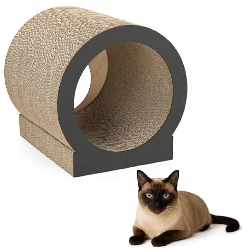 QLS Katzenmöbel aus Wellpappe – 39×38×39 cm – Kratzbrett, Katzenhöhle, Liegeplatz mit Katzenspielzeug & Katzenminze Graphit