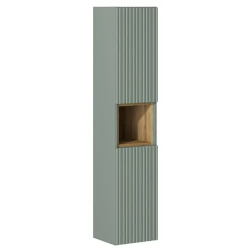 Lomadox Badezimmer Hochschrank mit Regaleinsatz, grün mit Eiche - Hoch- & Midischränke fürs Bad, ideal für kleine Badezimmer mit minimalistischem Design und Softclose-Türen für ein leises Schließen.