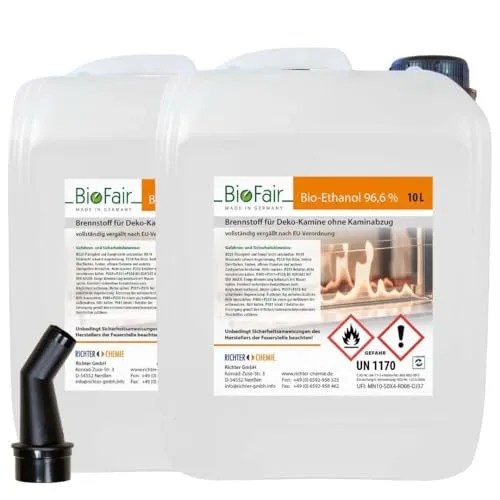 BioFair Bioethanol - Reiner Brennstoff - Bioethanol für Bioethanolkamin, Ethanol Tischkamin, Wandkamin Indoor - 2 x 10 Liter