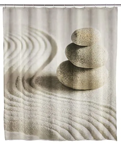 WENKO Duschvorhang Sand and Stone - Eleganter Textilvorhang für Badezimmer, waschbar bei 30°C, wasserabweisend und inklusive 12 Ringen zur einfachen Befestigung. Modernes Design für eine entspannende Atmosphäre.
