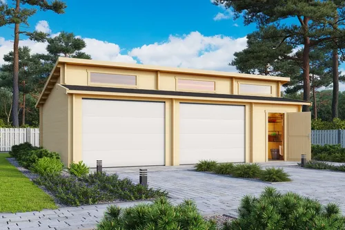 Garage Stufendach 44 mm Hawaii mit Sektionaltor - Gartenhaus mit 39.4 m² Nutzfläche, aus robustem Holz gefertigt und abschließbar für maximale Sicherheit. Ideal für die Aufbewahrung von Fahrzeugen und Gartenutensilien.