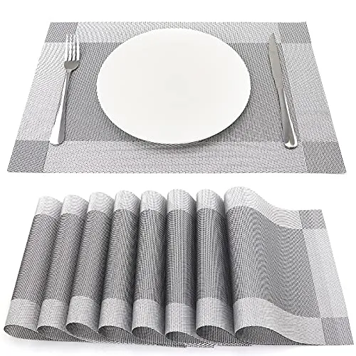 SueH Design Gewebte Platzsets Tischsets 8er Set Vinyl Hitzebeständig Platzdeckchen Antifouling und Waschbar 45 cm * 30 cm, Hellgrau