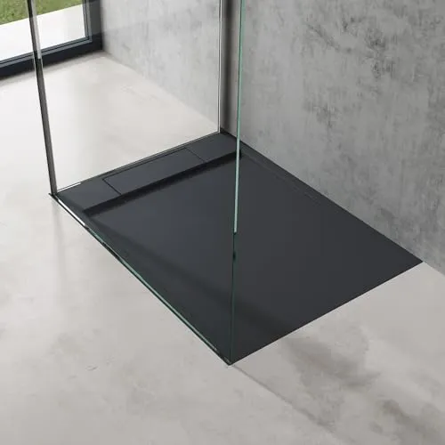doporro Duschtasse Duschwanne 75x100x4 flach Mineralguss in Anthrazit DIN-Anschlüsse für bodenebene Montage geeigne inkl. Ablaufgarnitur Geoma04