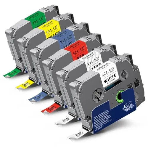 6x Labelwell kompatibel für TZe 9mm Schriftband für Brother TZe-221 TZe-121 TZe-421 TZe-521 TZe-621 TZe-721 Tape für Brother P-touch PT-H107B PT-H105 PT-H100 PT-H110 PT-P710BT E100 PT-D400 D210VP