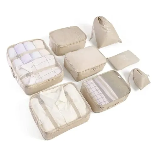 LANSKLBD 8er-Set Packwürfel für Koffer, Reisegepäck-Organizer, Essentials für Zubehör, Schuhbeutel, Kulturbeutel, Wäschesack (Beige, 8er-Set)