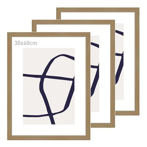 accent by nielsen Bilderrahmen, 30 x 40 cm (3er Set), Holz (MDF), Eiche, inkl. Kunstdruck, Fotorahmen im Hoch- & Querformat, Echtglas, Velino