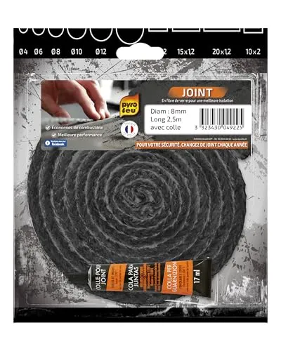 pyrofeu PYRO FEU Schamottedichtung 8mm x 2,5m + Klebstoffröhre, Fiberglas, schwarz, Standard