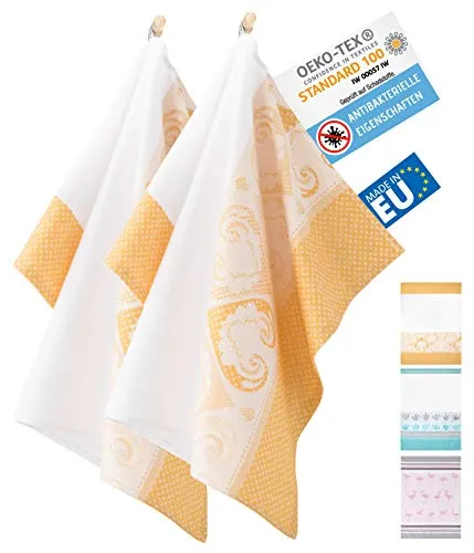 ZWOLTEX Antimikrobiale Jacquard Geschirrtücher aus Ägyptischer Baumwolle und Bambus I Made IN EU I Oeko-TEX 100 I Gewebte Küchentücher - 2X Geschirrhandtücher mit Motiv Orientalisch Senf-Gelb